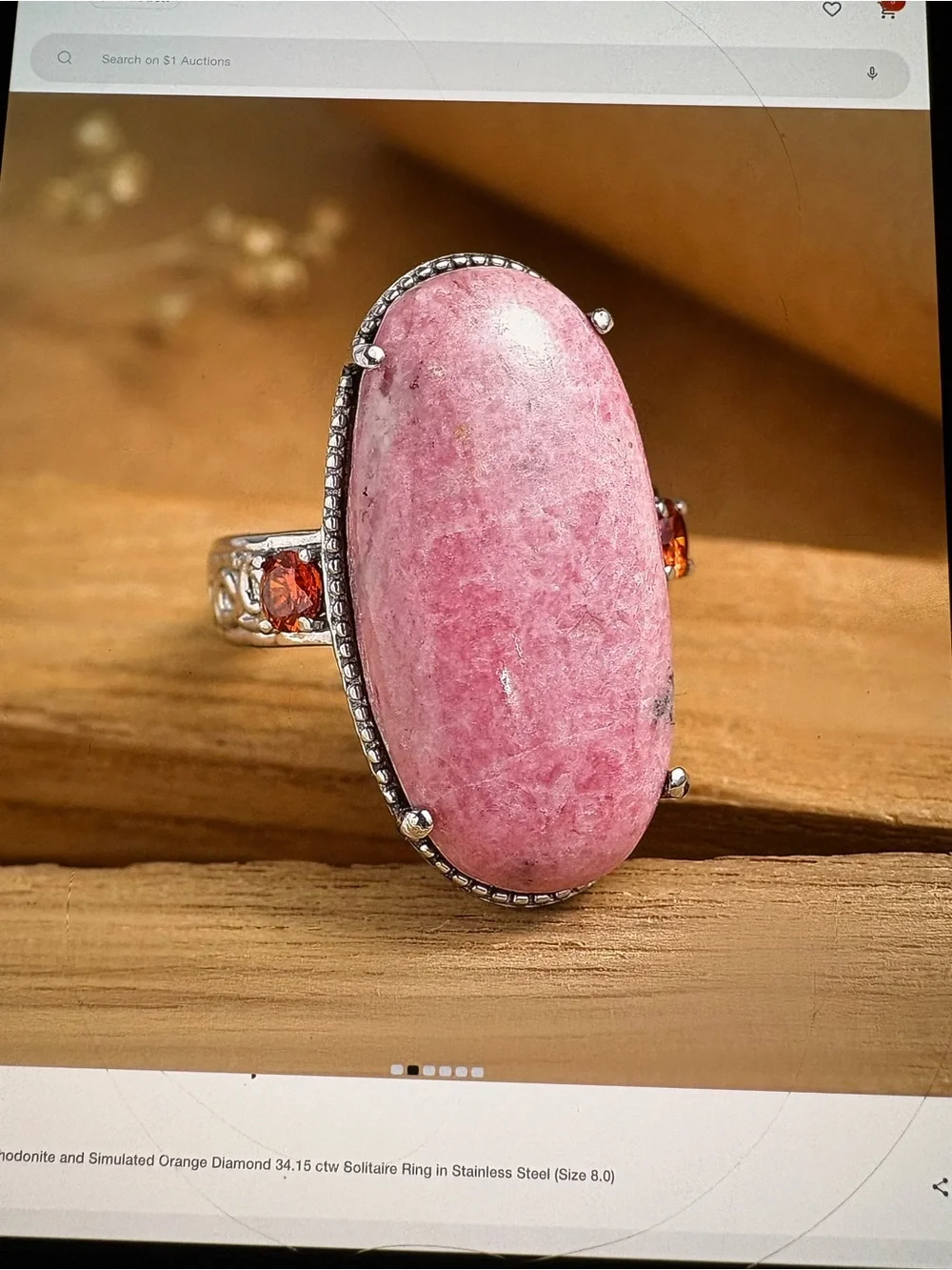 Rhodonite and Simulated Orange Diamond Ring Sz 8